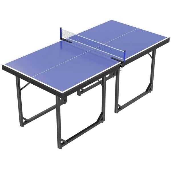 Blue foldable table tennis table with center net and black steel support frame