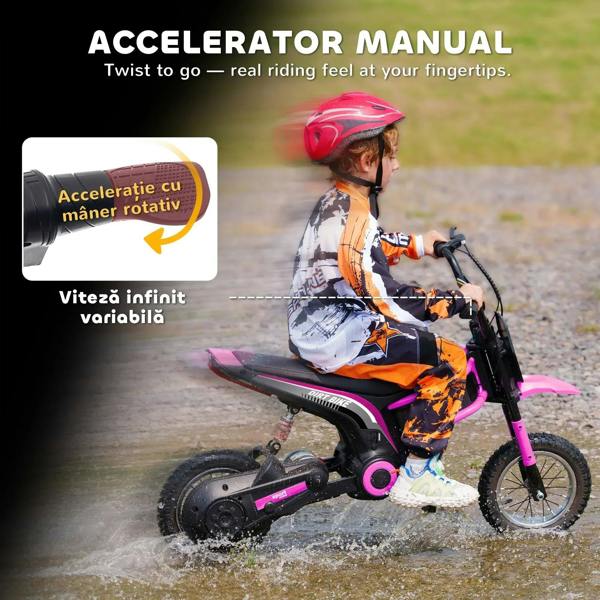 Pink and black mini electric motorbike with black seat and front suspension, splashing water