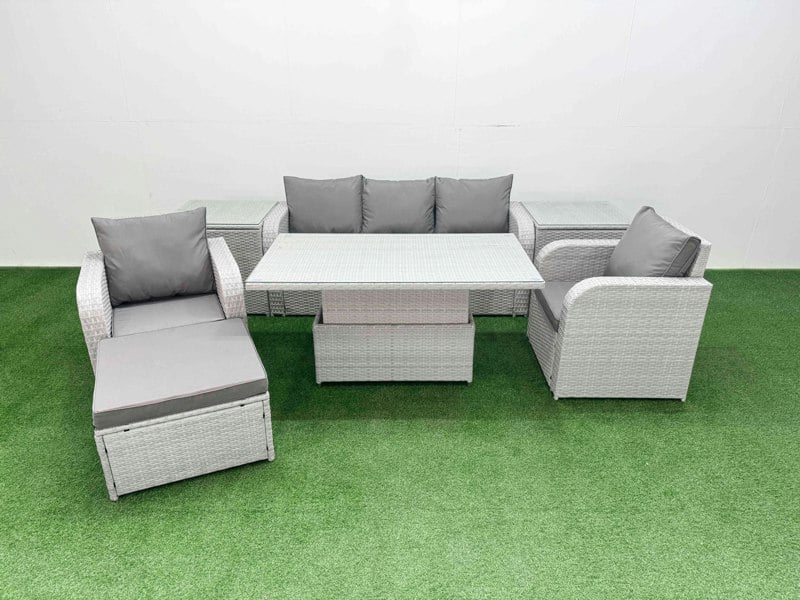 Fimous Light Grey PE Rattan Outdoor Lounge Set - Reclining Chair, Adjustable Lifting Dining/Coffee Table, 2 Side Tables & Big Footstool