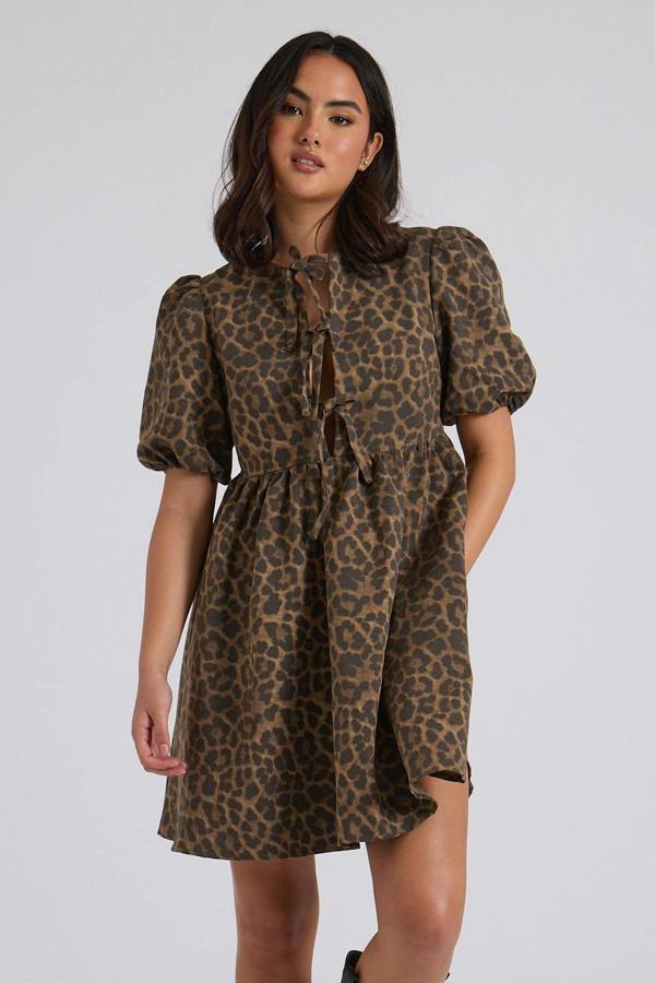 Urban Bliss Leopard Tie Front Smock Dress