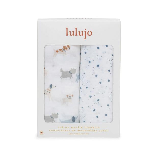 Lulujo - Cotton Swaddle - Puppy Dog & Stars - 2 Pack