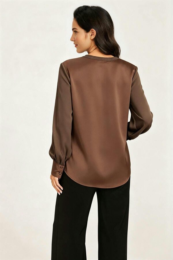 FS Collection Long Sheer Sleeve Satin Notch Neck Blouse Top In Brown