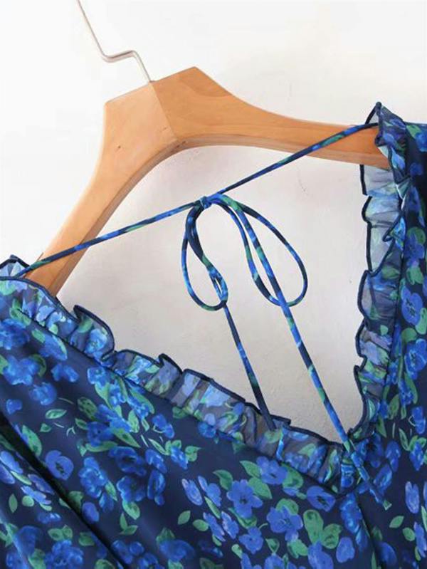 FS Collection V Neck Long Sleeve Mini Dress With Frill Detail In Blue Floral Print