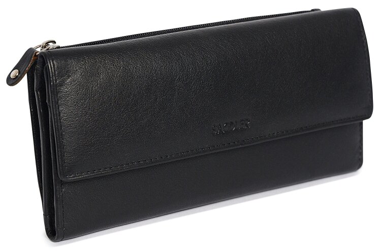 SADDLER CLAIRE Long Leather Trifold Purse - 18 Card Slots, Dual Zip Pockets, and Note Sections - RFID Protected - Black