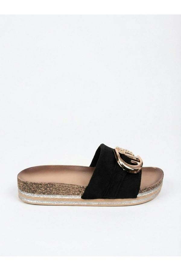 Mia Womens Embellished Cork Platform Sliders - BLACK