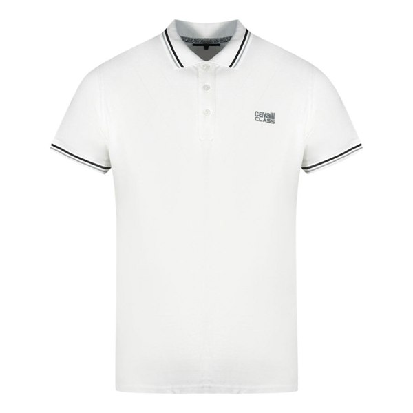 Cavalli Class Twinned Tipped Collar Grey Logo Polo Shirt - White