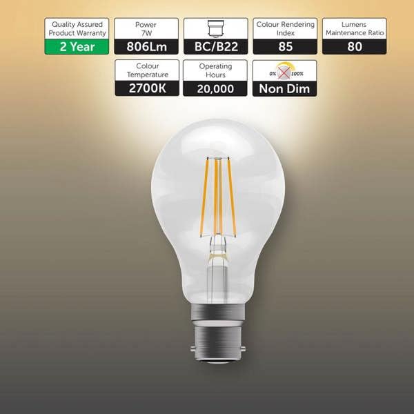 BELL Lighting B22 LED Filament GLS 7W Energy Saving Light Bulbs