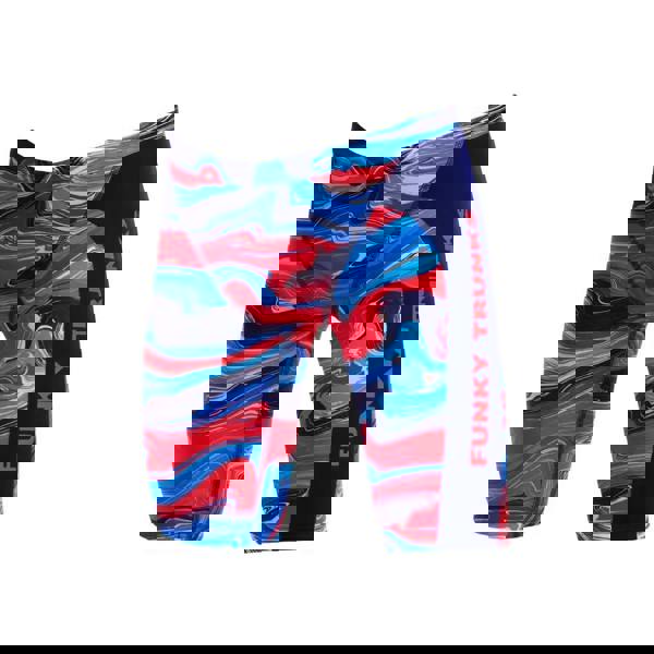 Vibrant Boys Wave Craze swim training jammer with abstract red blue waves