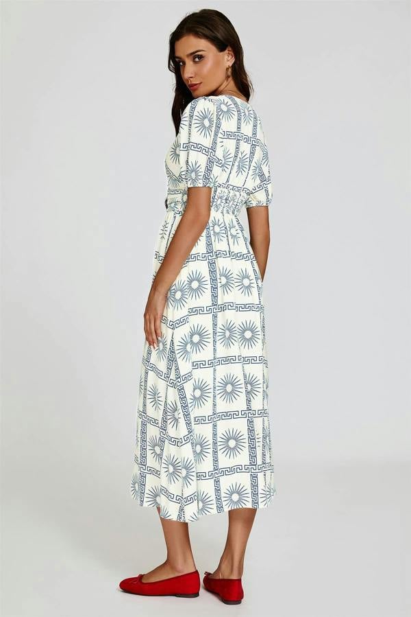 FS Collection Geo Print Midi V neckline Dress In White