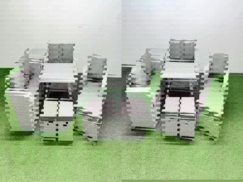Fimous 8 Seater Outdoor Rattan Garden Furniture Set Love Sofa Reclining Chair Set with Rectangular Dining Table Side Table 3 Footstools Light Grey