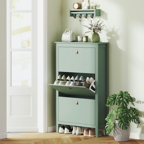Wyld Haus Diveve Wooden Mint Green Modern 3 Drawer Shoe Cabinet Faux Leather Handles