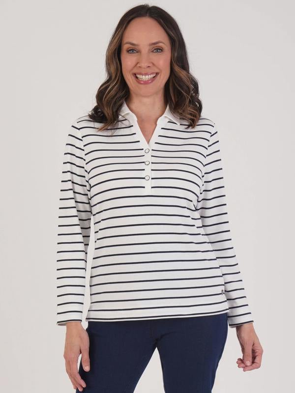 PennyPlain Notch Neck Top - Ivory/french Navy