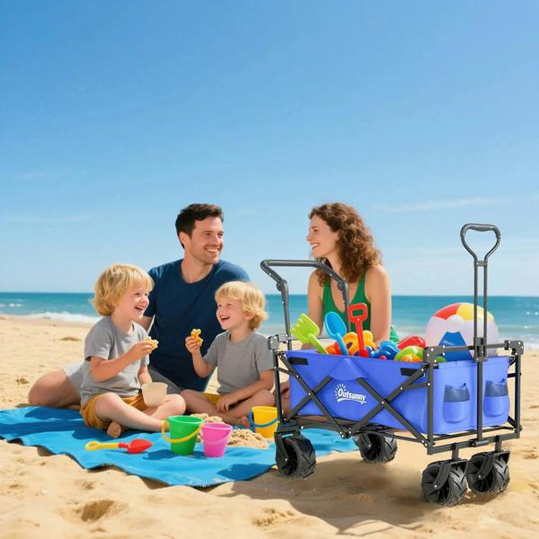 Blue folding storage wagon cart with overhead canopy and side organizers, four wheels