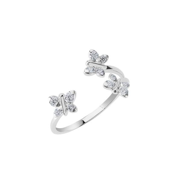 Silver ring with butterfly designs on a white background. Bloomtine-Enchanting-Flutterfly-butterfly-ring. A professional-hero-shot of a 925-sterling-silver-ring featuring a dainty-butterfly-motif set with four-brilliant-cut-moissanite-gemstones. Displayed-on-a-clean-white-background, the-image highlights the-high-polish-finish and the-sustainable-sparkle of the lab-grown-stones. A-meaningful-symbol of transformation and growth, this-exclusive-Bloomtine-design is the-perfect-gift for birthdays or new-beginni