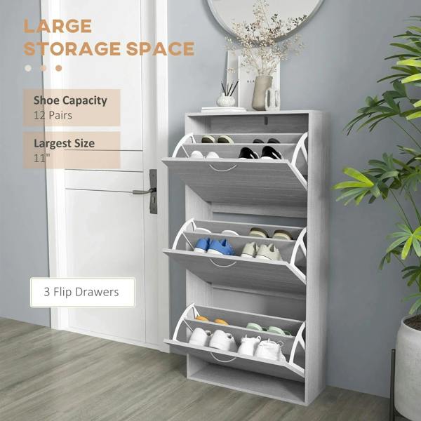 Grey shoe flip drawer storage cabinet open, showing compartments for multiple shoes