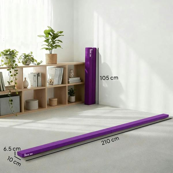 Purple foldable balance beam with thick padding and straight beam profile for training.