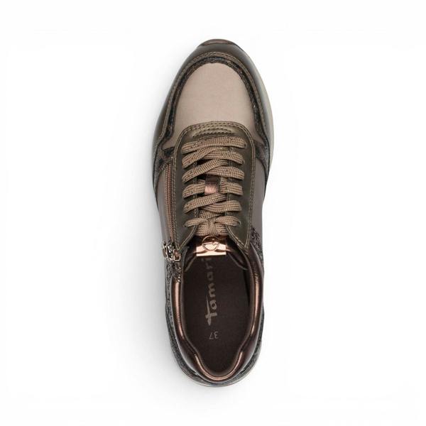 Tamaris Womens Taupe Faux Leather Fashion Lace Up Sneakers - 23613-46