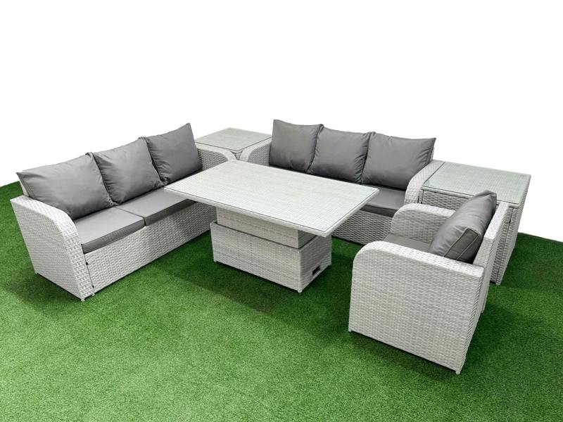Fimous 7 Seater Poly Rattan Garden Furniture Patio Set, Adj Height Table, 3 Seater Sofa, Reclining Chair, 3 Seater Sofa, 2 Side Table, Light Grey