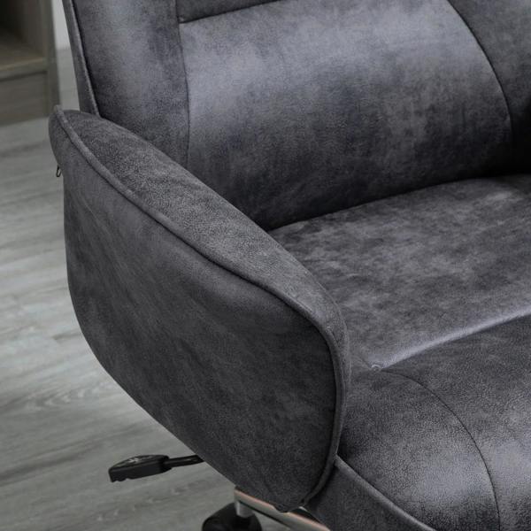 Close-up of charcoal grey office chair armrest and seat cushion with rounded edge padding