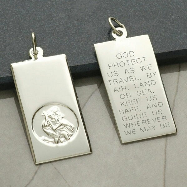 Christopher James of London 9ct White Gold Large St Christopher Ingot With Travellers Prayer Optional Engraving and Chain