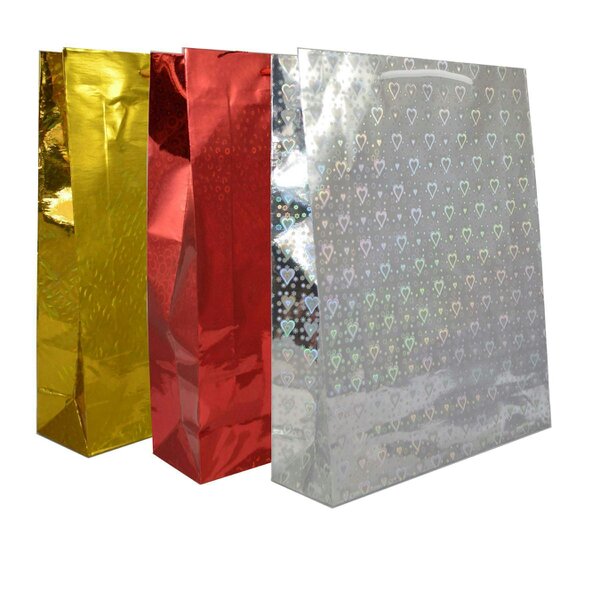 Shatchi Large Assorted Holographic Paper Gift Bags, Mixed Pack Sizes for Christmas and All Occasions - 6 Pack - Christmas gift bag