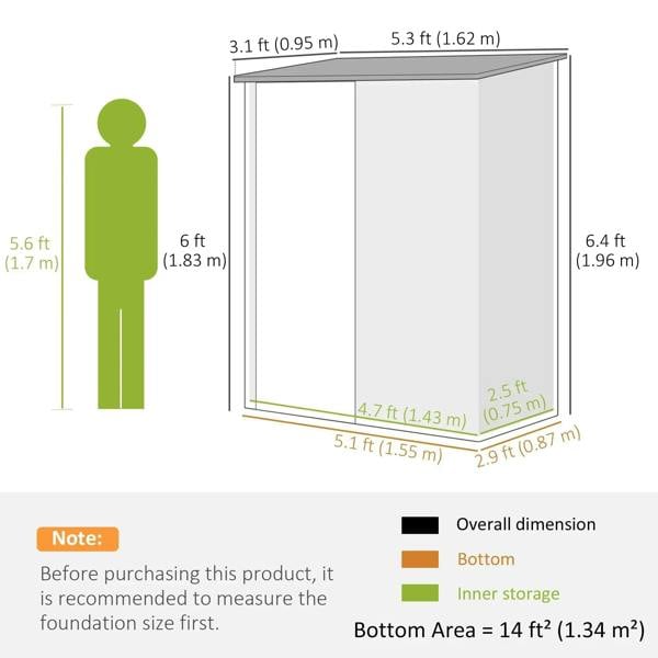 Garden shed size diagram with height, width, and footprint dimensions