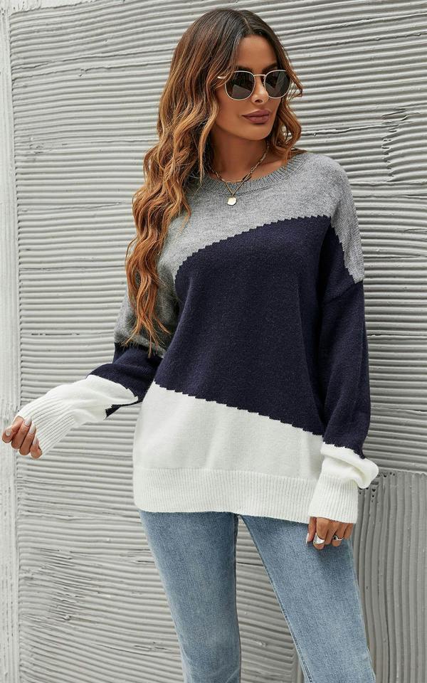 FS Collection Navy & White Block Colour Jumper Top In Grey