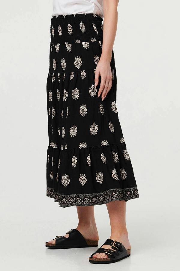 Black | Printed Shirred High Waist Midi Skirt