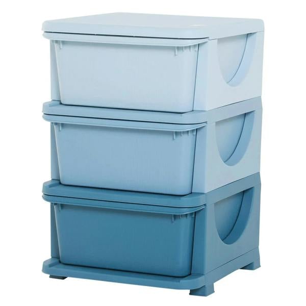 Blue 3-tier plastic storage unit with three lidded drawers and curved front handles
