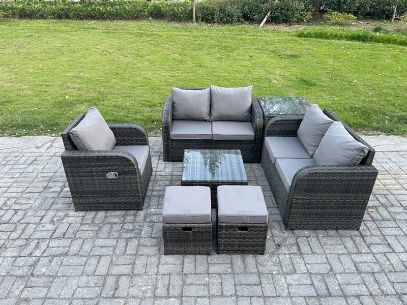Fimous 7-Piece Outdoor Patio Furniture Set - Dark Grey Mixed Wicker Rattan Sofa Chair and Table with 2 Small Footstools