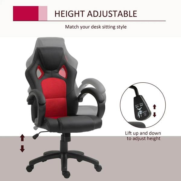 Black faux leather office chair with red padded back and seat; adjustable height lever on base