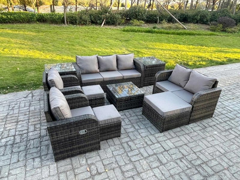 Fimous 10 Seater Garden Furniture Set Rattan Outdoor Lounge Sofa Chair With Tempered Glass Table 3 Footstools 2 Side Tables Dark Grey Mixed