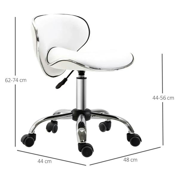 White salon stool with chrome pedestal base, armrests, and four caster wheels.