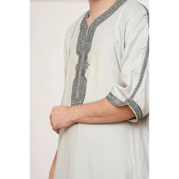 Men's Half Sleeve Embroidery Moroccan Thobe - Grey Charcoal - Thobez - 11