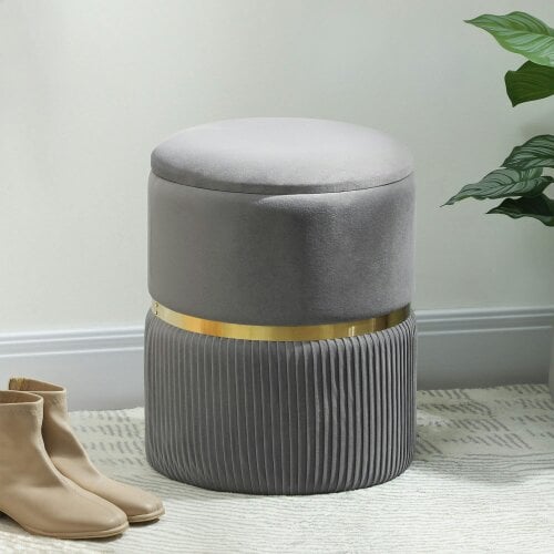 Wyld Haus Vami Velvet Grey Storage Ottoman With Soft Upholstered Finish Gold Accent