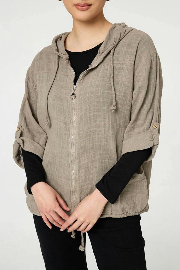 Stone | 3/4 Sleeve Hooded Zip Front Jacket