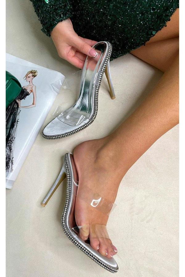 Miley Studded Stiletto Heels With Clear Strap - Silver