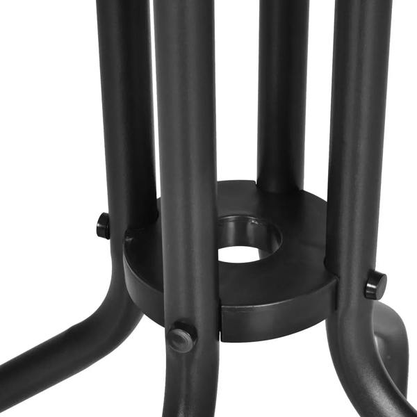 Black metal tripod table base joint with three curved legs and visible fastening hardware.