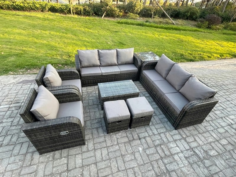 Fimous Dark Grey Mixed Rattan Outdoor Sofa Dining Set - 3-Seater Sofa, Reclining Chair, Side Table & 2 Small Footstools