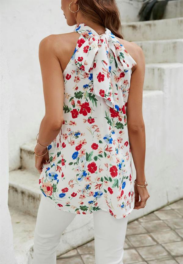 FS Collection Multicolour Floral Print  Halter Neck Tie Back Top In White