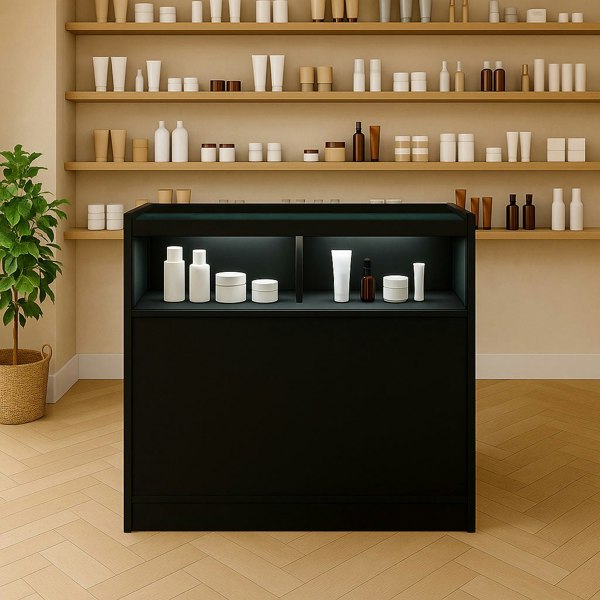 Sleek black LED retail shop counter B900 with illuminated shelves, showcasing various white and brown cosmetic containers in a modern setting