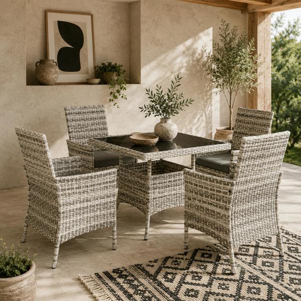 Wyld Haus Noha Light Grey Rattan 4 Seater Outdoor Dining Set with Square Glass Table