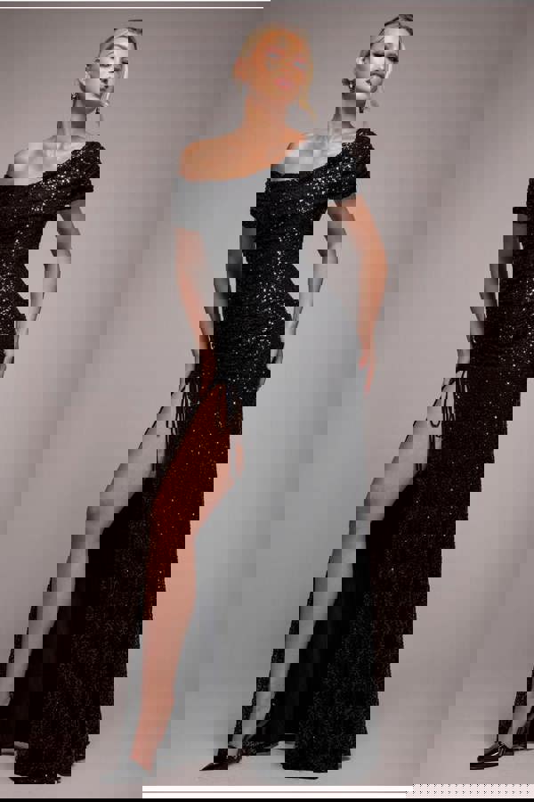 Off The Shoulder Sequin Cowl Drawstring Maxi Dress - Black DR4824