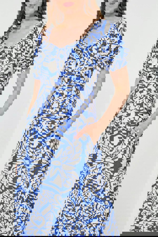 Blue | Printed Puff Sleeve A-Line Midi Dress
