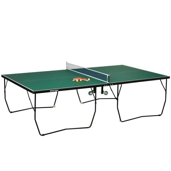 Green folding tennis table with net and ball set on top, supported by black frame