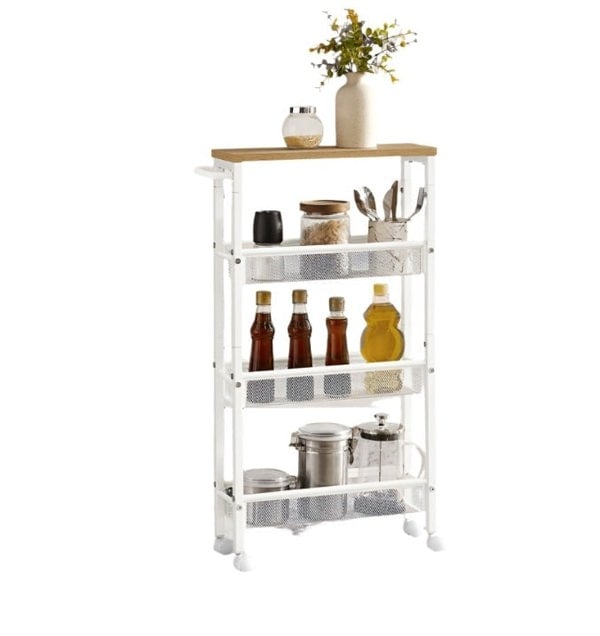 Modcraft Slim 4-Tier Kitchen Storage Trolley with Wheels – Oak & White, Narrow Rolling Cart for Small Spaces