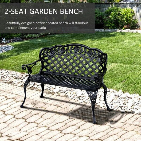 Garden Bench, Cast Aluminium, 107Lx58Wx85H cm-Black