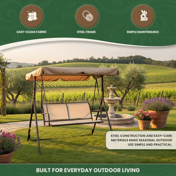 Textoline & Steel 2 Seater Swing Seat with Adjustable Angled Canopy, Light Beige Textoline and Brown Steel Frame, Flat Pack