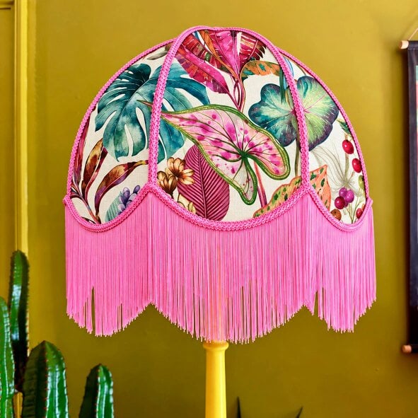 Love Frankie Misty - Vintage Fringed Dome Lampshade in Ice Jungle with Pink Fringe