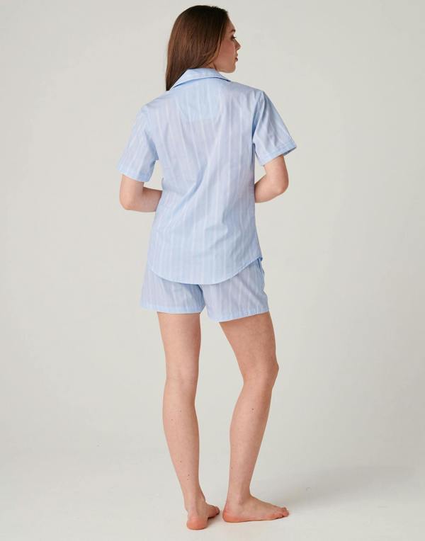 British Boxers Women's Cotton Short Pyjama Set – Breezy Blue Satin Stripe